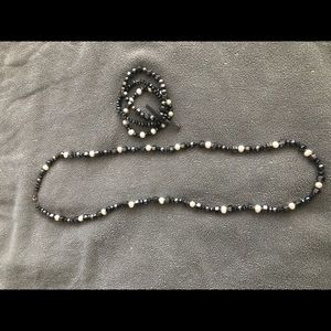 Faux Pearl, Shiny Black and Silver Necklace and Bracelet Set